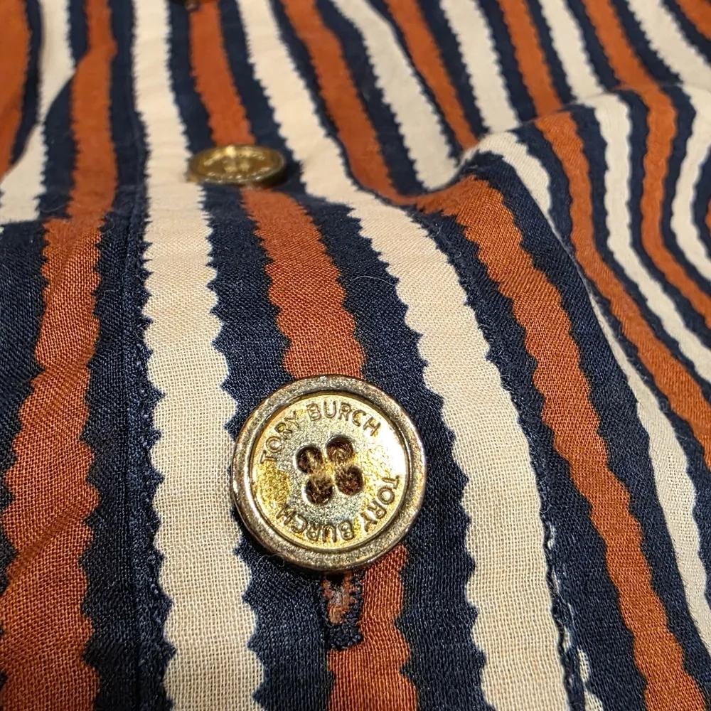 Tory Burch Button Down Dress Shirt Long Sleeve Stripe Blue Cream Orange Size 6 - Picture 3 of 11